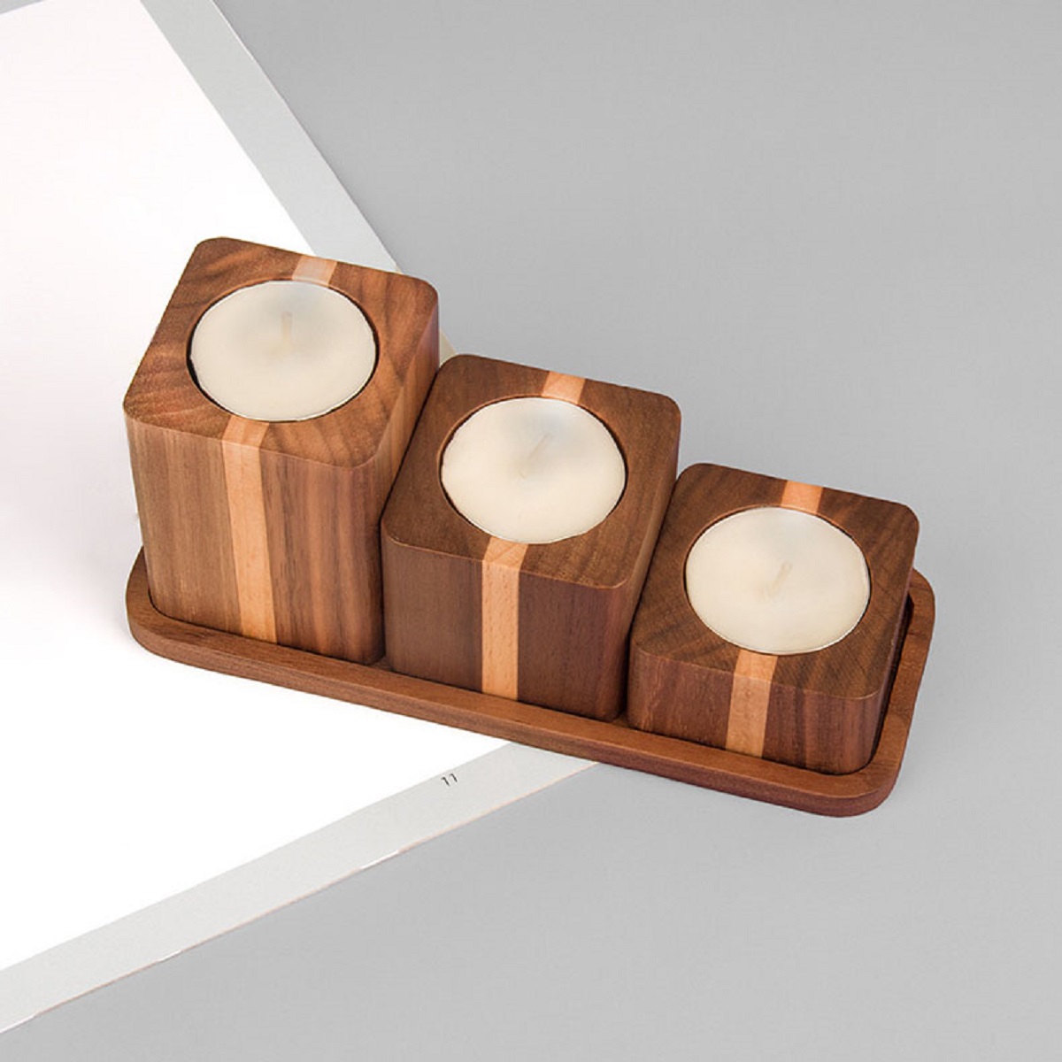 Set of 3 Wooden Candle Holder with tray
